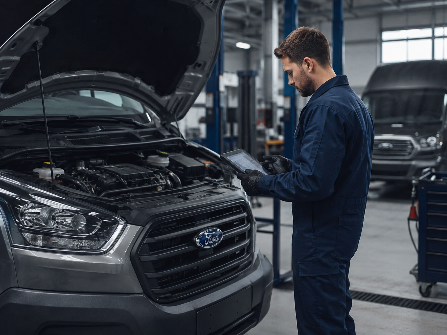 Мастер диагностирует двигатель Ford Transit в сервисе