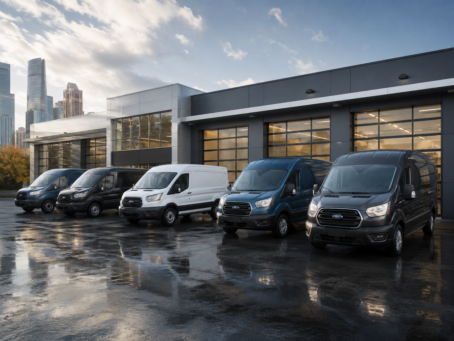 Несколько автомобилей Ford Transit перед сервисным центром