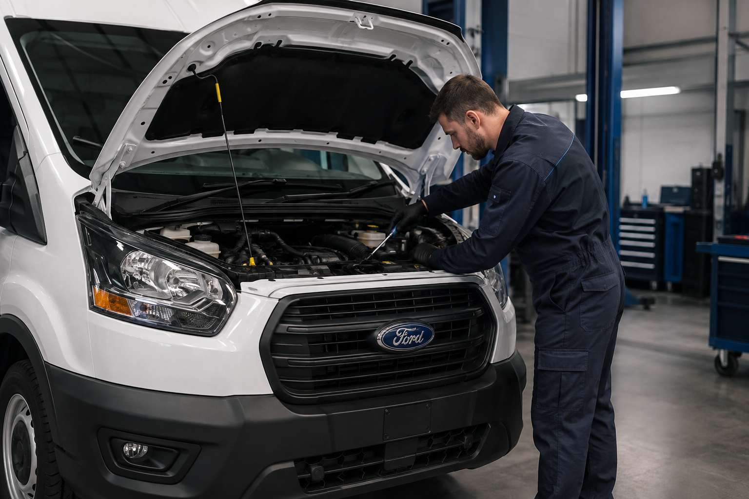 Механик обслуживает Ford Transit в сервисе