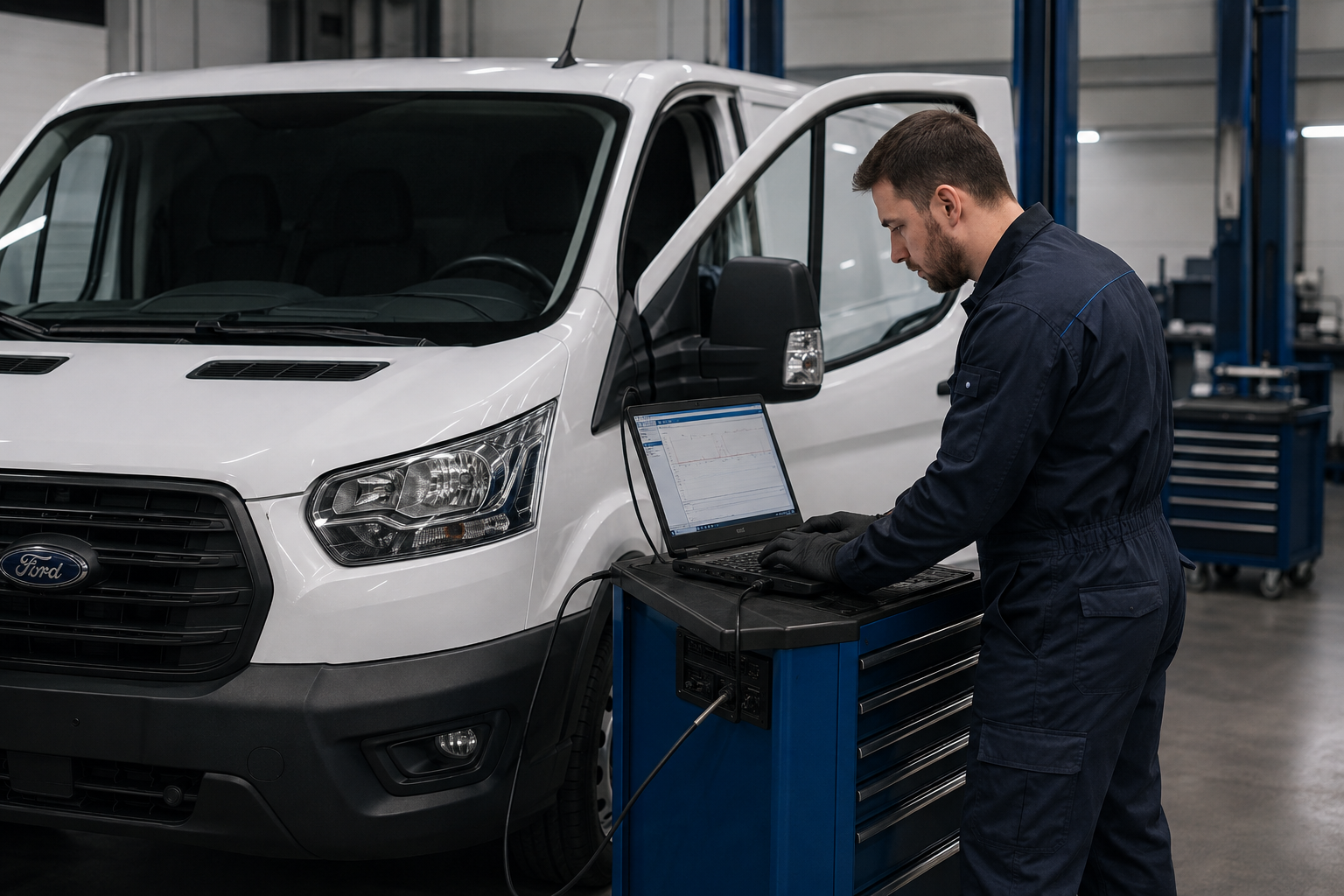 Диагностика электронного оборудования Ford Transit с ноутбуком