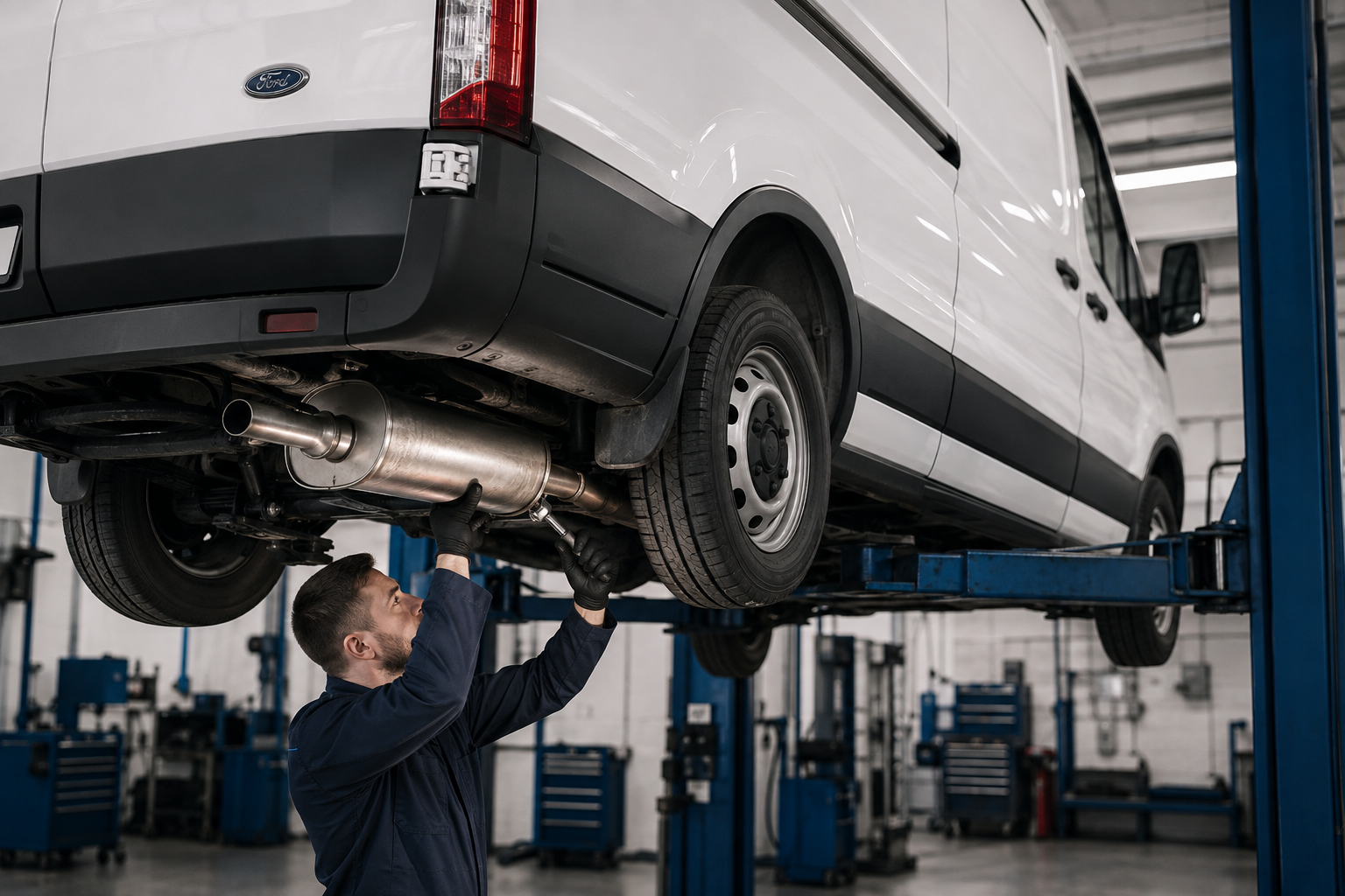 Механик обслуживает выхлопную систему Ford Transit