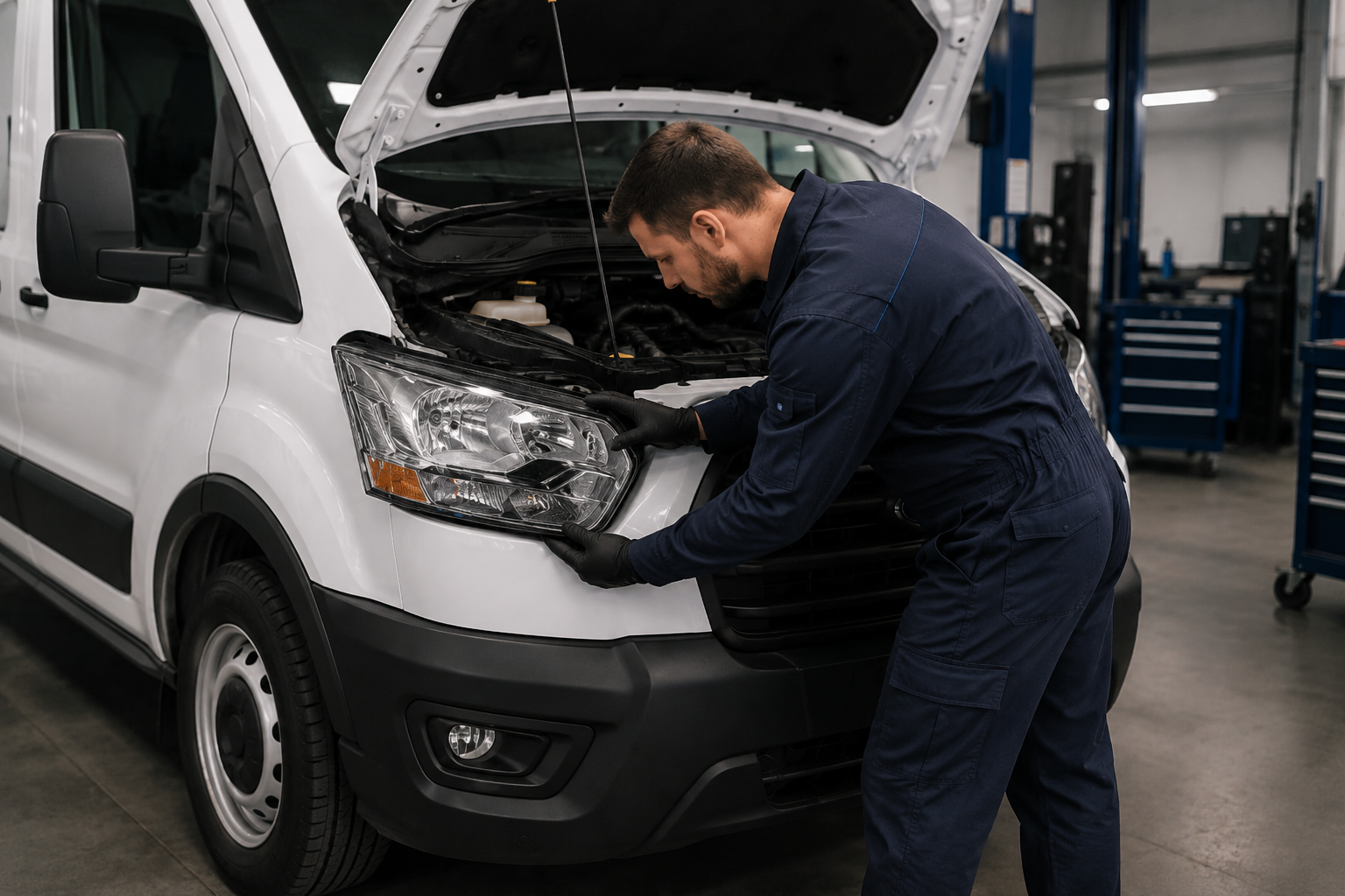 Механик ремонтирует переднюю светотехнику Ford Transit