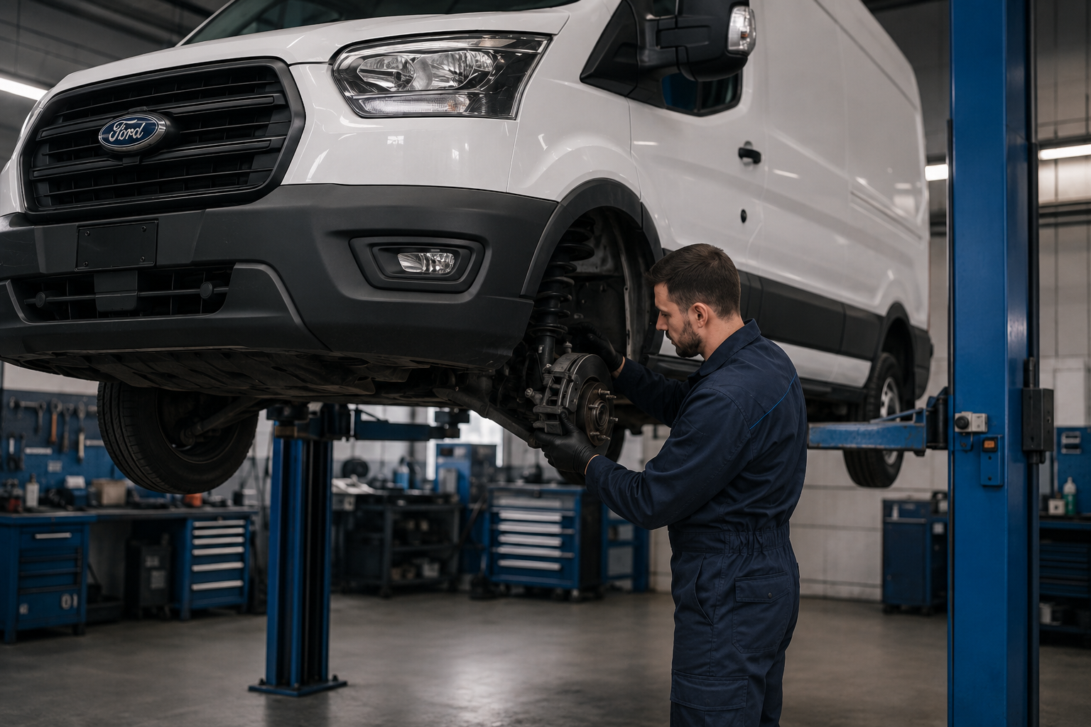 Механик ремонтирует подвеску Ford Transit на подъёмнике