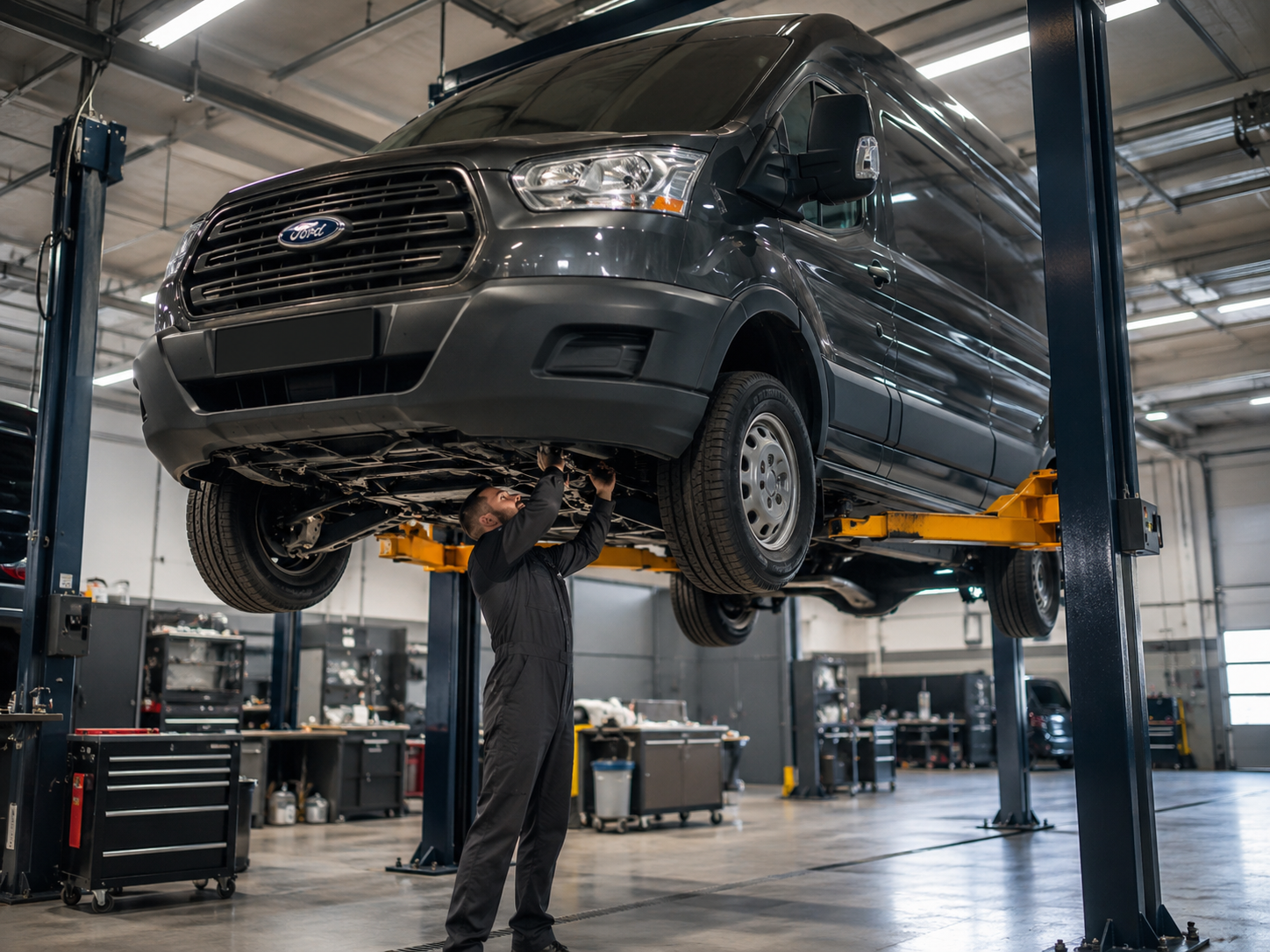 Ford Transit на подъёмнике в ремонтной зоне